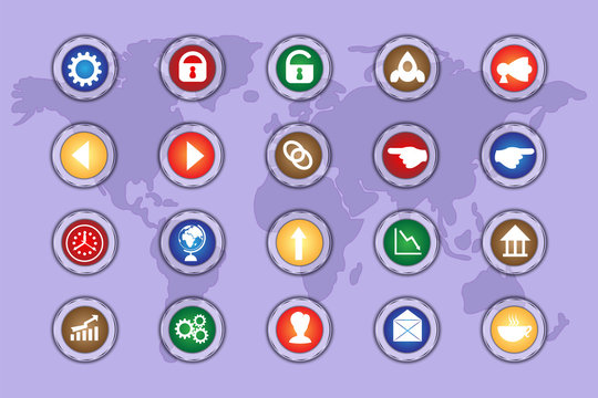 A set of icons on colored buttons with transparent elements. Part 4