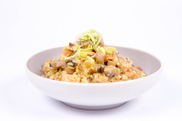 Risotto with mushrooms and chicken decorated with leek on a white background