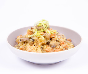 Risotto with mushrooms and chicken decorated with leek on a white background