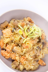 Risotto with mushrooms and chicken decorated with leek on a white background