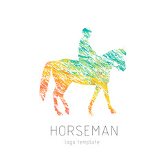 Horseman on sports horse silhouette logo design vector template. Logotype emblem icon. Creative colourful brush grunge style. © iryna