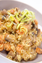 Risotto with mushrooms and chicken decorated with leek on a white background