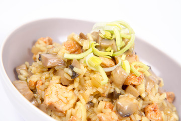 Risotto with mushrooms and chicken decorated with leek on a white background