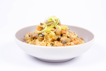 Risotto with mushrooms and chicken decorated with leek on a white background