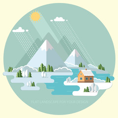 Naklejka premium Winter landscape mountains snow-capped hills. flat vector illustration