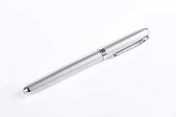 Business fountain pen on white background. Metal silver pen isolated on white background. Silver luxury pen.