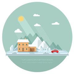 Naklejka premium Winter landscape mountains snow-capped hills. flat vector illustration
