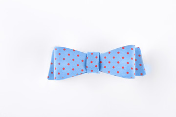 Blue dotted bow tie on white. Beautiful blue bow tie with red spots isolated on white background. Girls hair accessory.