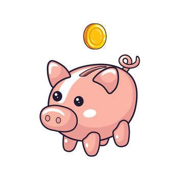 Piggy moneybox and coin isolated.