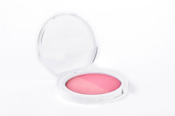 Two color face blush in white container. Compact blush box isolated on white background.