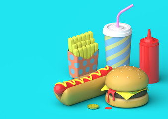 Fast Food Scene - 3D Illustration
An arrangement of fast food such as fries, a hot dog, a burger, a milkshake and ketchup on a blue background. The objects are designed in a slight plastic fashion.