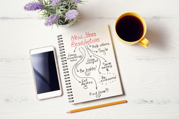 New year resolution in notebook on white wooden desk