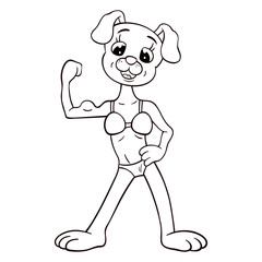 Black and white illustration of female dog in a fitness bikini who shows her biceps. Funny cartoon character
