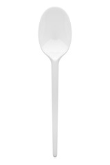 Disposable white plastic spoon, clipping path, isolated on white background