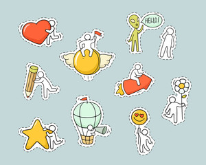 set of patch badges, pins with little people.