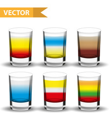 Realistic set  shots cocktails. 3d Shot with drinks for bars, restaurans collection. Glass cup liqueur. Isolated on white background. Vector illustration