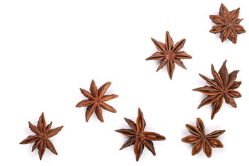 Star anise isolated on white background with copy space for your text. Top view. Flat lay pattern