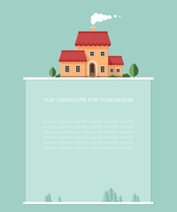 Blank for text. Country house on background. city with contemporary buildings Flat graphic landscape with skyscrapers. Vector icon for design