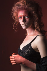 Fototapeta premium red head curly hair white girl model female black dress underwear lingerie make up 