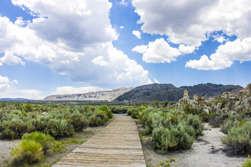 Mono Lake, a large, shallow saline soda lake in Mono County, California, with tufa rock formations