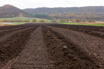 ploughed agriculture field with dark soil