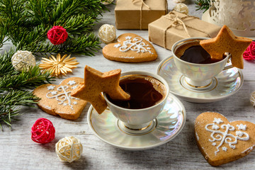 Christmas festive card with fir branches and festive decor