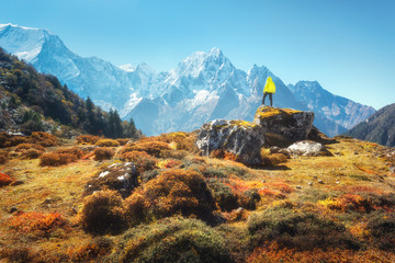 Standing man on the stone and looking on amazing Himalayan mountains. Landscape with traveler, high rocks with snowy peaks, plants, forest in autumn in Nepal. Lifestyle, travel. Trekking in Himalayas