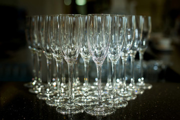 Group of empty champagne glasses.