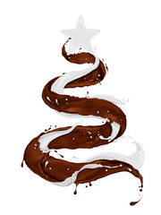 Conceptual image of a New Year tree made of chocolate and milk splashes