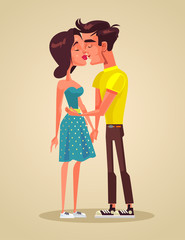 Couple man and woman character kissing. Vector flat cartoon illustration
