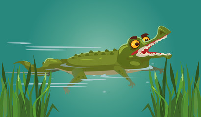 Happy smiling crocodile character swimming. Vector flat cartoon illustration