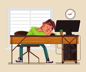 Tired man office worker character sleeping on workplace. Vector flat cartoon illustration