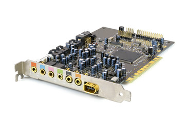 Computer sound card on white background