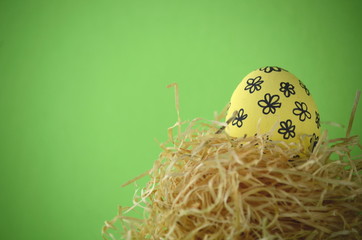 Decorated handpainted yellow floral Easter egg in a straw nest against bright lime green background with copy space © akvals