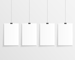 Vector illustration of a four step hanging paper mockup with space for text. Paper gallery set on white background. 