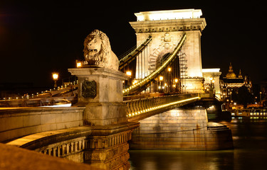 Night cityscape of Budapest with St. Stephen's Basilica, Danube river and Szechenyi Chain Bridge 
