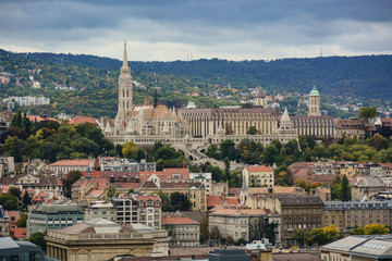 Fototapeta premium Cityscape of Budapest, Fisherman's Bastion and beautiful hills, Hungary. Old european town