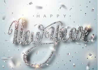 Happy New Year lettering greeting card for holiday. Silver confetti falls. Calligraphy lettering New Year. Silver Design of greeting card of Falling Shiny Confetti. Vector Illustration 10 EPS