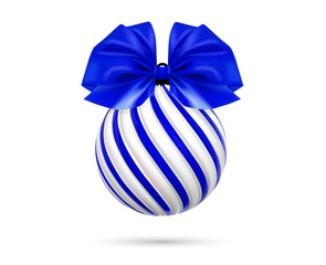 Vector christmas blue ball with blue bow and ribbon. Twisted christmas tree ball on white background
