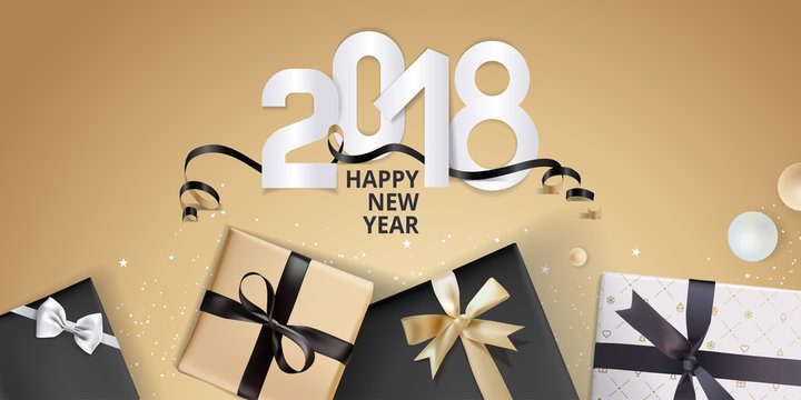 Vector illustration of New Year 2018 greeting card. Design template for greeting card, web banner, flayer brochure, party invitation card.