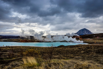 Hverir geothermal area also called Blue Lake near Myvatn Iceland