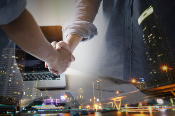 negotiations and business success concept, businessmen shaking hands or handshake in office after connection deal and agreement partner, mixed media.