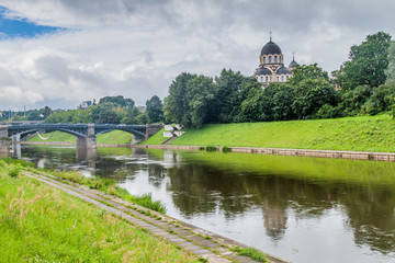 River Neris and Church of the Saint Virgin's Apparition in Vilnius, Lithuania.