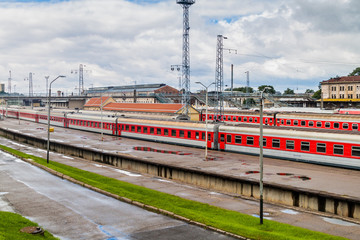 Fototapeta na wymiar Trains at the main Train Station in Vilnius, Lithuania.