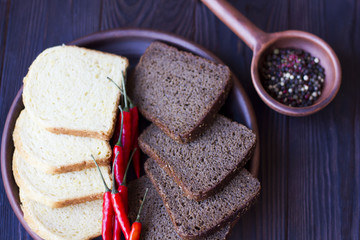 Cake, bread and spices in an earthenware dish on the table. Healthy fresh food.
