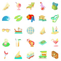 Wedding trip icons set, cartoon style