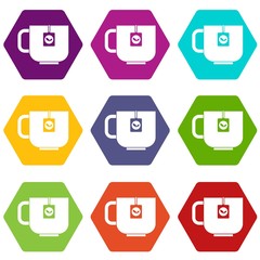Cup of tea icon set color hexahedron