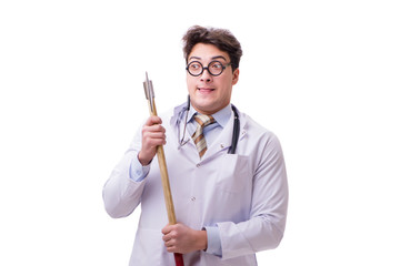 Funny doctor with axe isolated on white