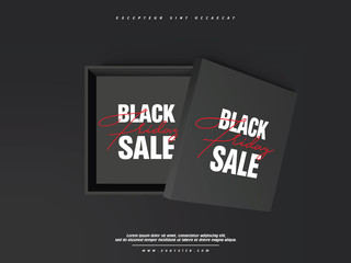 Realistic black shopping box with lettering Black Friday. Banner for black friday. Vector illustration. Isolated on white. Open black empty paper package or box
