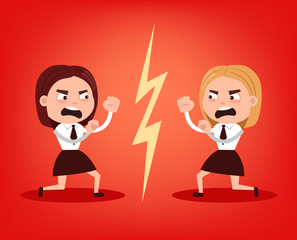 Two angry office workers woman character quarrel and fight. Teamwork concept. Vector flat cartoon illustration